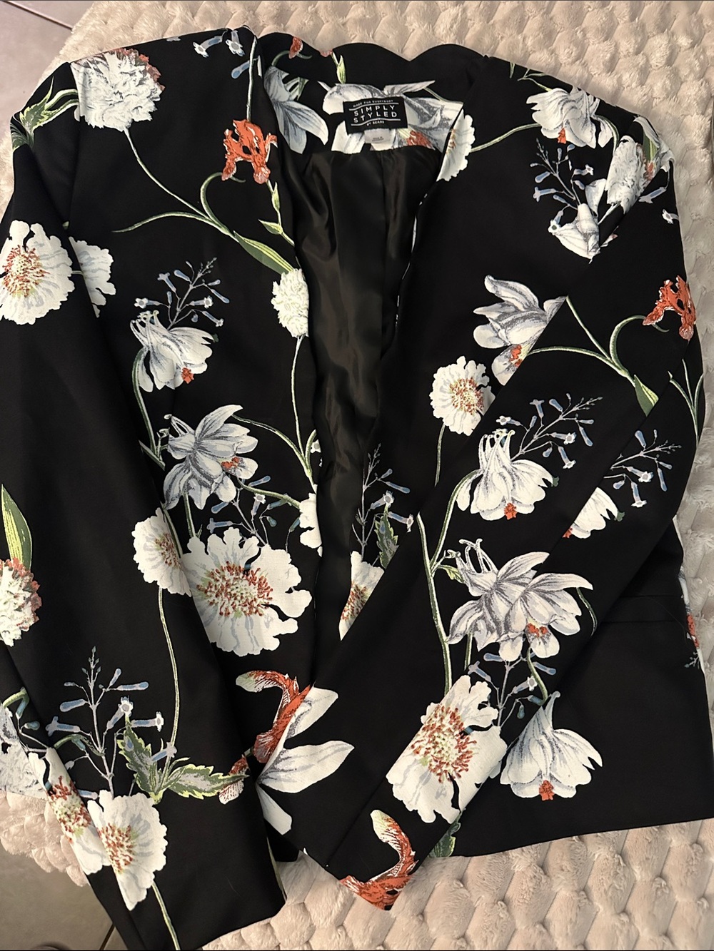 Simply Styled Black Floral Open Blazer with White & Green Blooms